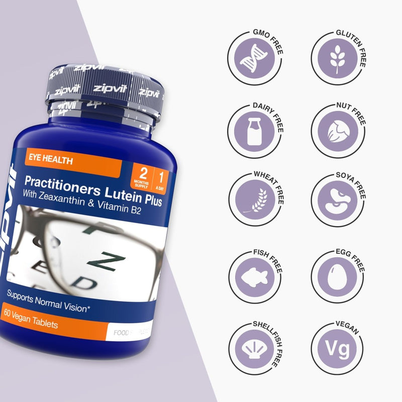 Blue bottle of Practitioners Lutein Plus with Zeaxanthin and Vitamin B2 and free from icons arranged on the right