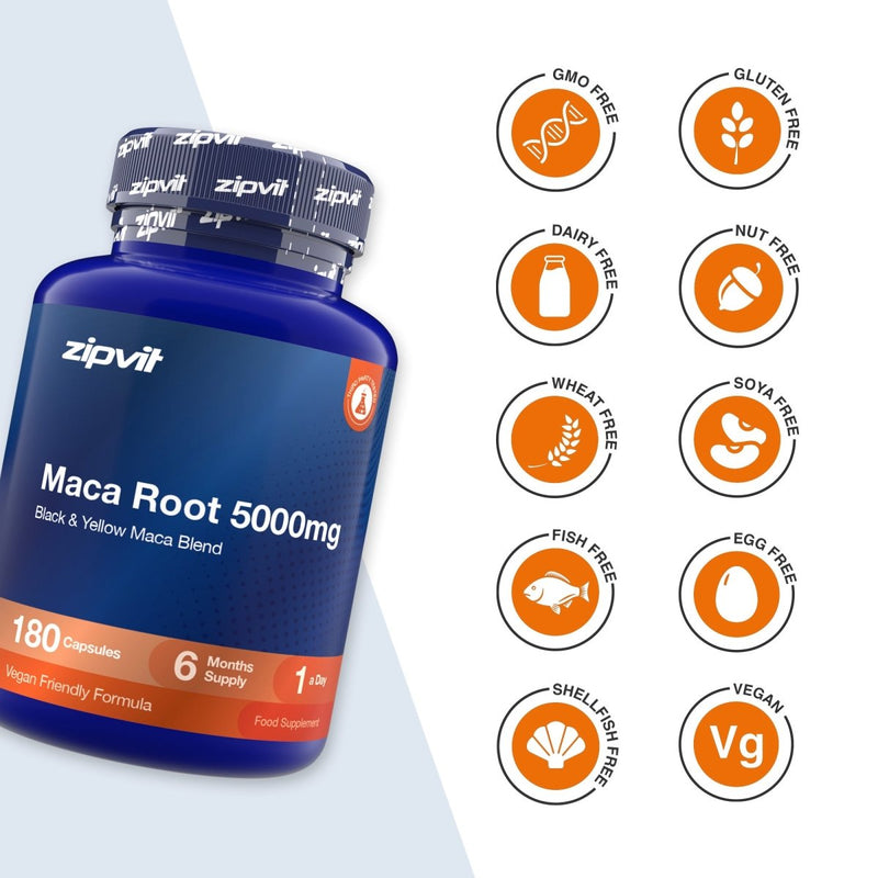 A blue bottle of zipvit Maca Root 5000mg dietary supplement capsules shown on a white background with a diagonal light blue stripe, alongside a column of orange circular icons indicating product attributes like GMO Free, Gluten Free, Dairy Free, Nut Free, Wheat Free, Soya Free, Fish Free, Egg Free, Shell Fish Free, and Vegan.