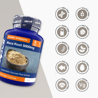 Blue Maca Root 5000mg bottle next to a grid of allergen free icons including GMO free gluten free dairy free nut free and vegan.