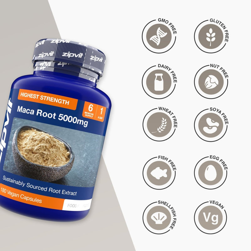 Blue Maca Root 5000mg bottle next to a grid of allergen free icons including GMO free gluten free dairy free nut free and vegan.
