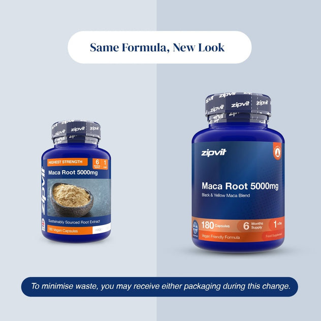 Two blue supplement bottles of zipvit Maca Root 5000mg are shown on a light gray background with text reading 'Same Formula, New Look' and a notice about minimizing waste due to a possible packaging change.