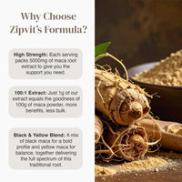 Maca Root 5000mg product layout with left feature text bubbles and a close up of maca roots on the right.