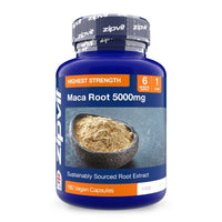 Blue maca root 5000mg bottle with highest strength banner and maca powder image on the label