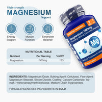 High strength magnesium 500mg product with a tilted bottle beside a nutritional table and ingredients section.