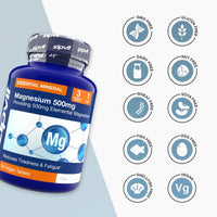 Magnesium 500mg supplement bottle with essential mineral label and GMO Free Gluten Free Dairy Free Nut Free icons