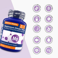 Magnesium Citrate 700mg bottle tilted with allergen icons on the right including GMO free gluten free dairy free nut free and vegan.