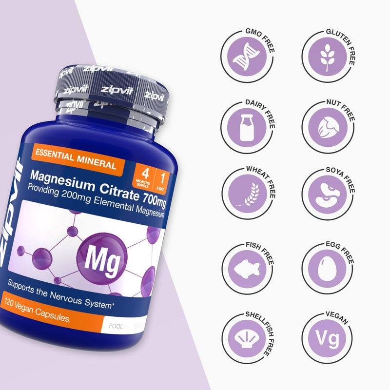 Magnesium Citrate 700mg bottle tilted with allergen icons on the right including GMO free gluten free dairy free nut free and vegan.