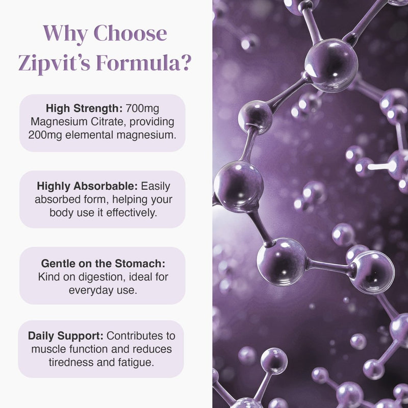 Why Choose Zipvit's Formula infographic with bullet points on left and a purple molecular model on the right.