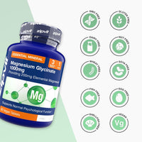 Blue Magnesium Glycinate 1000mg bottle with an Mg graphic and allergen free icons on the right