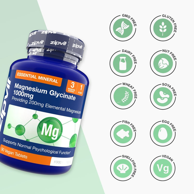 Blue Magnesium Glycinate 1000mg bottle with an Mg graphic and allergen free icons on the right