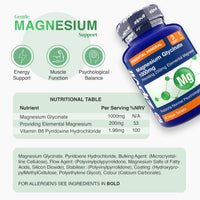 Gentle Magnesium product infographic with a tilted bottle and left side icons for energy support muscle function and psychological balance plus a nutritional table and ingredients text