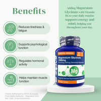 Benefits infographic for Magnesium Glycinate 1000mg showing four icons and bullet points about reducing tiredness supporting psychological function regulating hormonal activity and maintaining muscle function beside a blue bottle