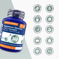Blue Magnesium Glycinate 7-in-1 Complex bottle tilted with a grid of free from icons to the right.