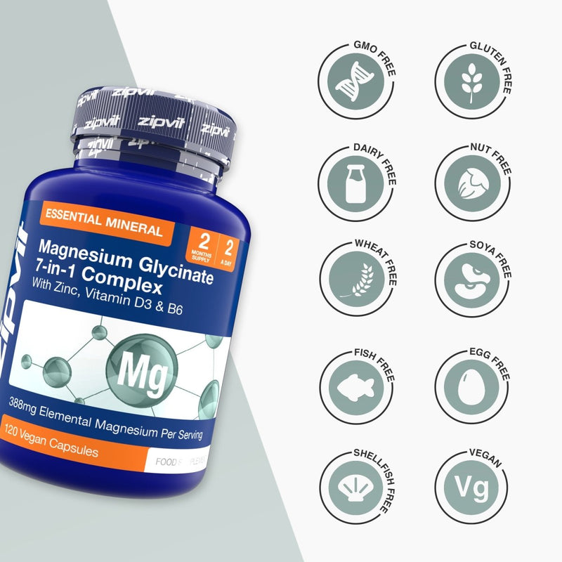 Blue Magnesium Glycinate 7-in-1 Complex bottle tilted with a grid of free from icons to the right.