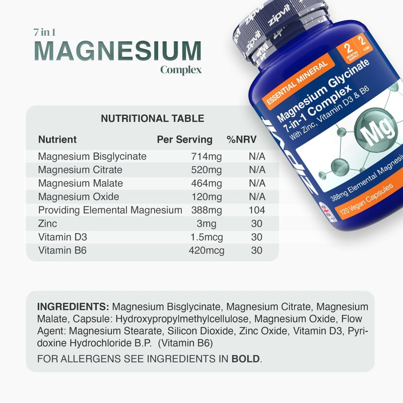 Blue Magnesium Glycinate 7-in-1 Complex bottle with a rounded nutritional table graphic beside it.