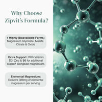 Why Choose Zipvit's Formula benefits infographic with a magnesium bottle on the right and four bullet points on the left