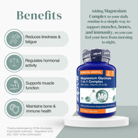 Blue bottle of Magnesium Glycinate 7-in-1 Complex on a white background with bold label text