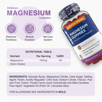 Delicious Magnesium Gummies bottle tilted beside three icons for reduced tiredness, muscle function and nervous system support with passion fruit flavour.