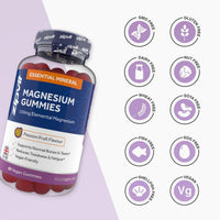 Magnesium Gummies bottle labeled Essential Mineral Magnesium Gummies with passion fruit flavour on a lavender background