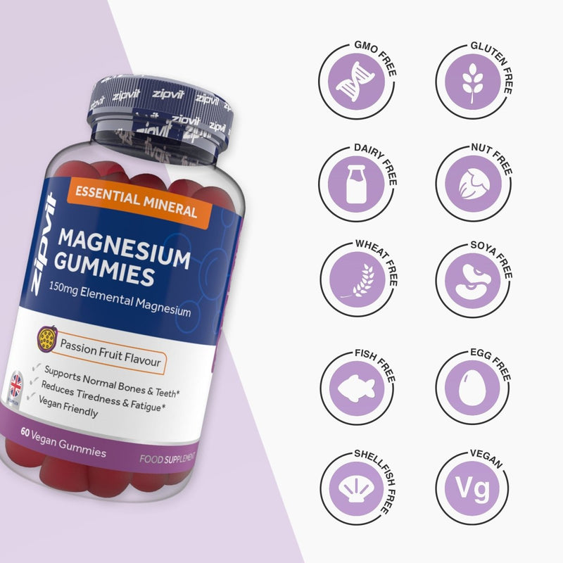 Magnesium Gummies bottle labeled Essential Mineral Magnesium Gummies with passion fruit flavour on a lavender background