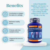 Benefits graphic for chondroitin sulphate 1050mg showing collagen support bone health immune support and cellular protection beside the bottle