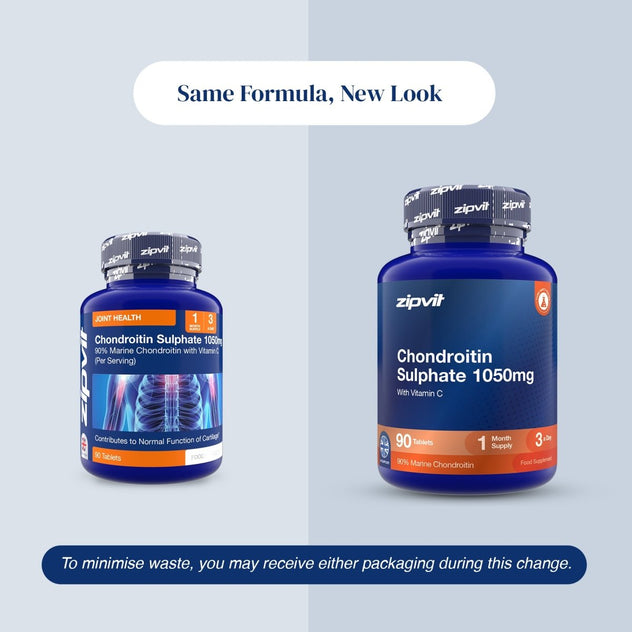 Two supplement bottles of Chondroitin Sulphate 1050mg from zipvit on a split light blue and gray background, with text reading 'Same Formula, New Look' and a note about minimizing waste.