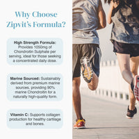 Why Choose Zipvit's Formula panel highlighting High Strength 1050mg Chondroitin Sulphate with marine sourced ingredients and joint support; runners in the background