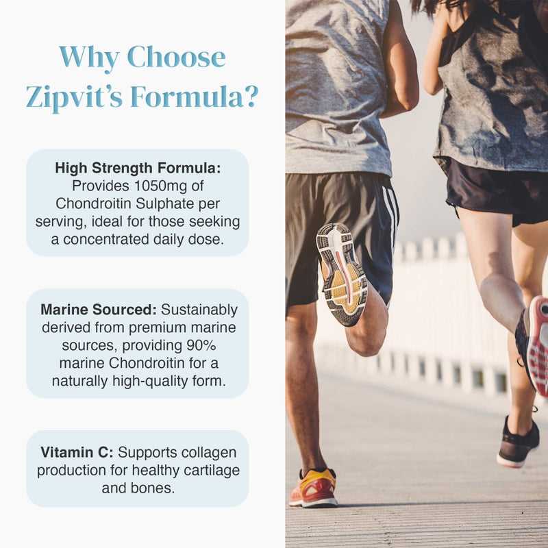 Why Choose Zipvit's Formula panel highlighting High Strength 1050mg Chondroitin Sulphate with marine sourced ingredients and joint support; runners in the background
