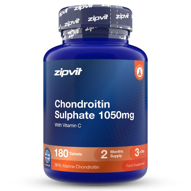 A blue plastic bottle of zipvit Chondroitin Sulphate 1050mg tablets with a dark blue and orange label, on a white background.