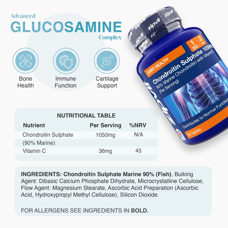 Blue bottle labeled Chondroitin Sulphate 1050mg angled beside circular icons indicating GMO free gluten free dairy free and nut free