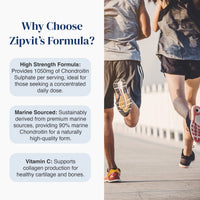 Promotional graphic for Zipvit's Formula showing three runners from behind on a boardwalk, with text on the left explaining benefits like high strength formula, marine sourced chondroitin, and vitamin C support.