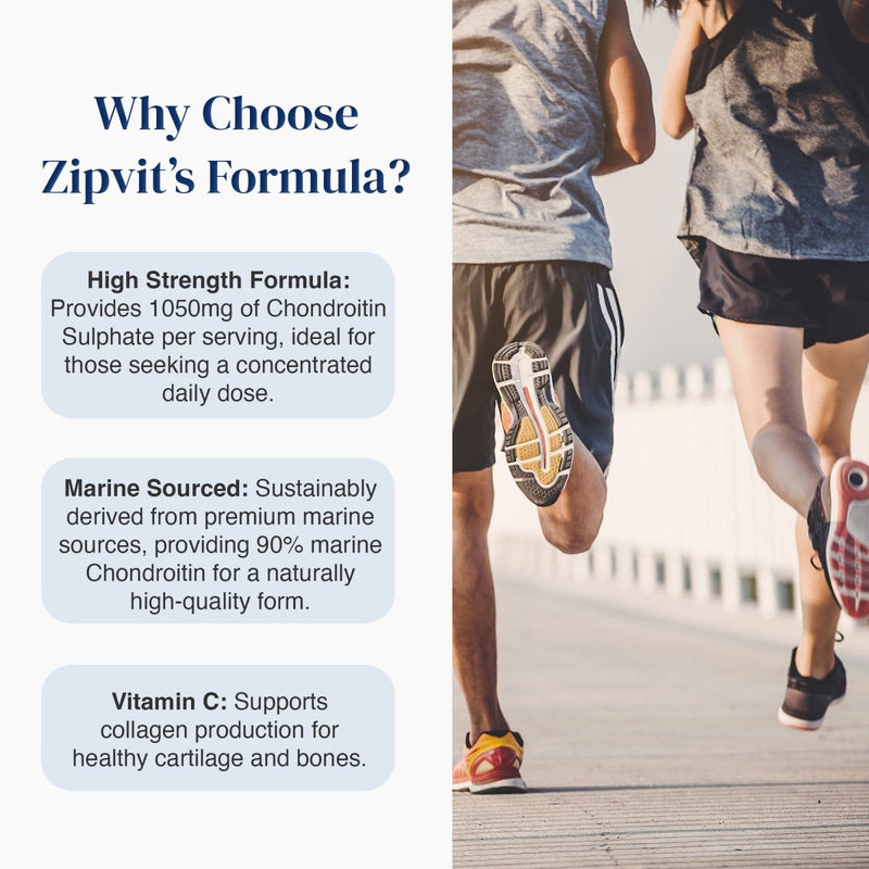 Promotional graphic for Zipvit's Formula showing three runners from behind on a boardwalk, with text on the left explaining benefits like high strength formula, marine sourced chondroitin, and vitamin C support.