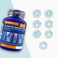 Chondroitin Sulphate 1050mg bottle tilted with icons showing free from GMO gluten dairy nut wheat soya and egg