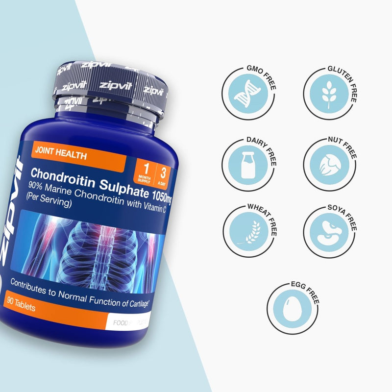 Chondroitin Sulphate 1050mg bottle tilted with icons showing free from GMO gluten dairy nut wheat soya and egg