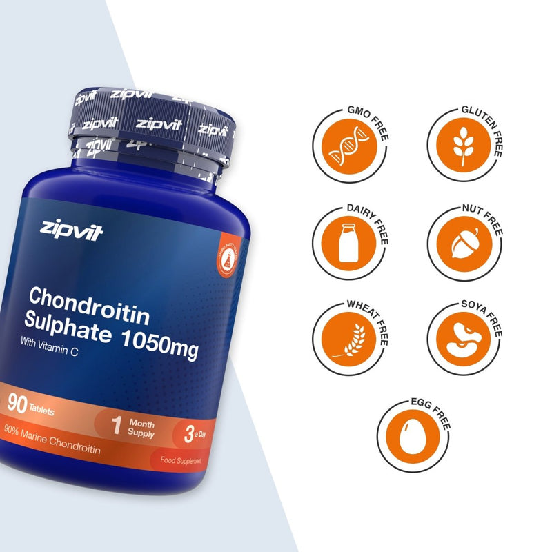 A blue bottle of zipvit Chondroitin Sulphate 1050mg dietary supplement shown on a white background with six orange circular icons indicating dietary benefits: GMO Free, Gluten Free, Dairy Free, Nut Free, Wheat Free, Soya Free, and Egg Free.