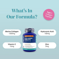 Blue bottle of Marine Collagen Tablets 1200mg with white oval callouts listing Vitamin C Zinc and Hyaluronic acid