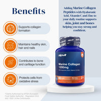 A bottle of zipvit Marine Collagen 1200mg dietary supplement displayed on a white pedestal, with a light blue and white graphic background detailing the benefits of taking the supplement.