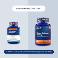 Two blue supplement bottles from zipvit on a pale blue background with text reading 'Same Formula, New Look' and a note about minimizing waste. One bottle is Collagen Tablets and the other is Marine Collagen 1200mg.
