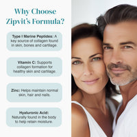 Marine collagen benefits shown in rounded blue callouts on the left with a smiling couple on the right.