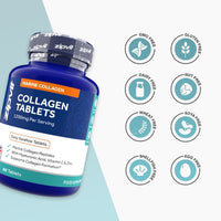 Blue collagen bottle beside eight allergen free icons on white background highlighting product features.