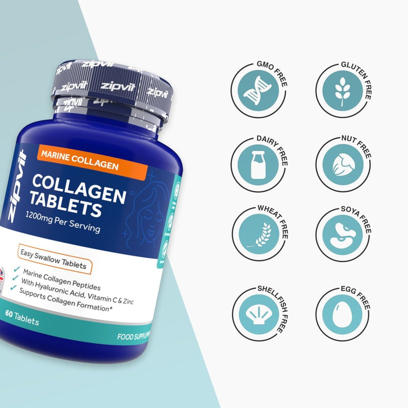 Blue collagen bottle beside eight allergen free icons on white background highlighting product features.