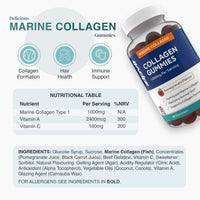 Bottle of Marine Collagen Gummies angled to the right with three teal icons for collagen formation hair health and immune support