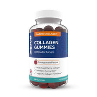 Bottle of Marine Collagen Gummies with red gummies visible and a pomegranate flavour label