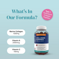 Close up of Marine Collagen Gummies bottle beside Whats In Our Formula text and a pink Type 1 Hydrolysed Collagen Peptides badge