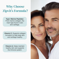 Close-up of a couple's faces with benefits text panels on the left promoting Marine Collagen Gummies