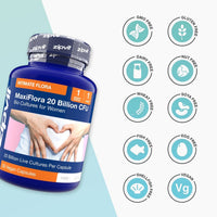 Blue MaxiFlora probiotic bottle with orange label 20 Billion CFU angled left beside gluten dairy nut free icons.