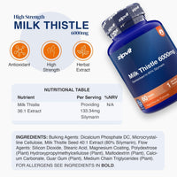 A bottle of zipvit Milk Thistle 6000mg dietary supplement shown on a white background with product information, three feature icons, and an ingredients list.