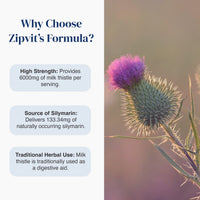 An informational graphic with the headline 'Why Choose Zipvit's Formula?' on a white background, alongside three text callouts about high strength, silymarin source, and traditional herbal use. The right side shows a close-up photo of a purple milk thistle flower in soft warm light.