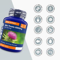 Blue Milk Thistle 6000mg supplement bottle with plant image and 60 vegan tablets.