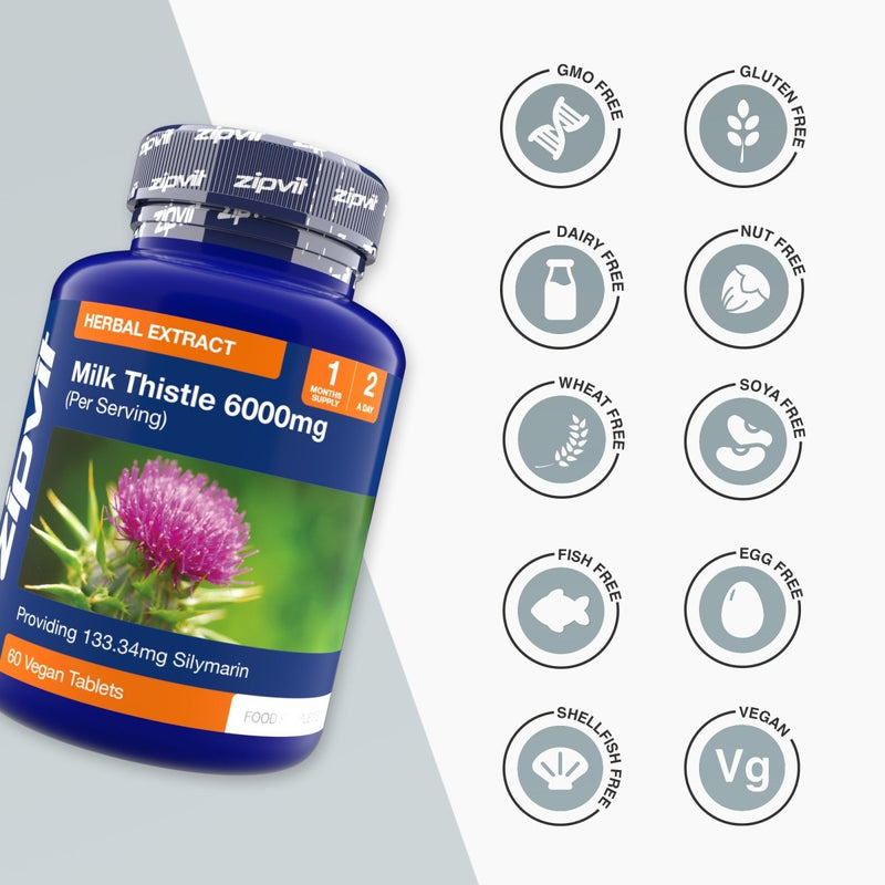 Blue Milk Thistle 6000mg supplement bottle with plant image and 60 vegan tablets.